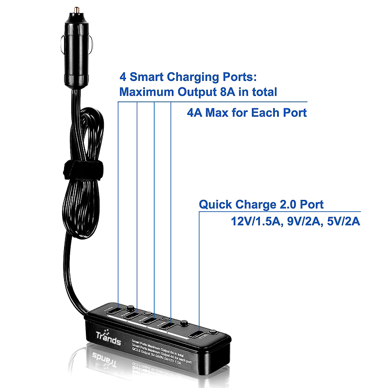 5 Port USB Car Charger with 3 Feet Extension Cord