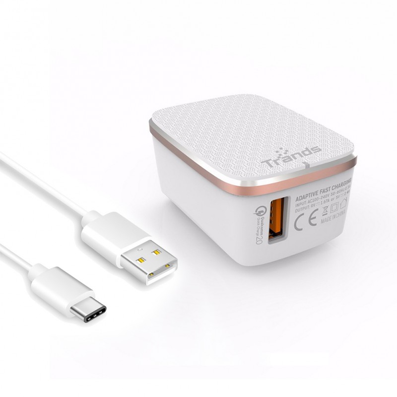 Single USB Port Travel Charger Qualcomm QC 2.0 with Detachable Type-C Cable