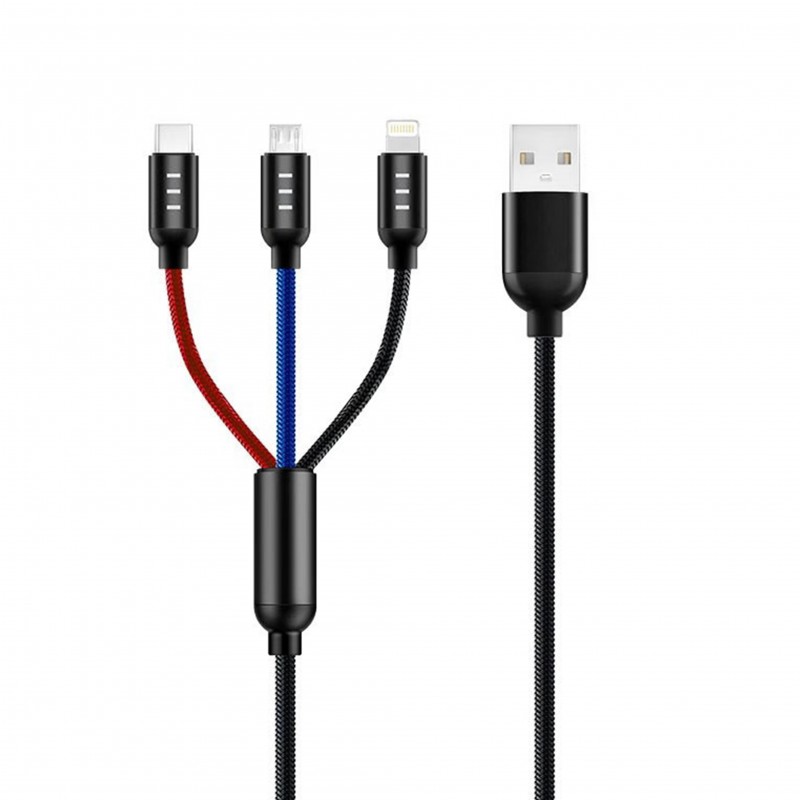 Multi Colored 3 in 1 USB Cable with Lightning, Micro USB, Type-C Connectors