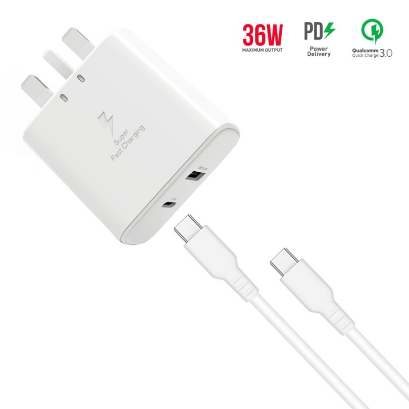 36W PD and Qualcomm Quick Charge 3.0 Charger with Type-C to Type-C Cable