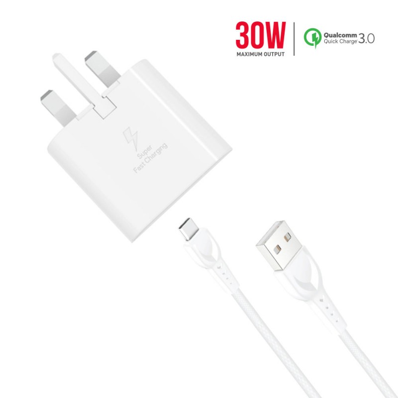 30W Travel Charger with USB to Type-C Cable